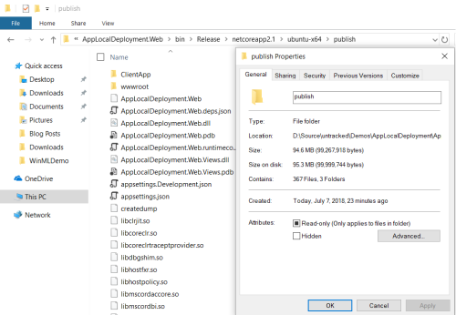 File Explorer view of a project publish folder showing 367 files using 94.6 megabytes of space.